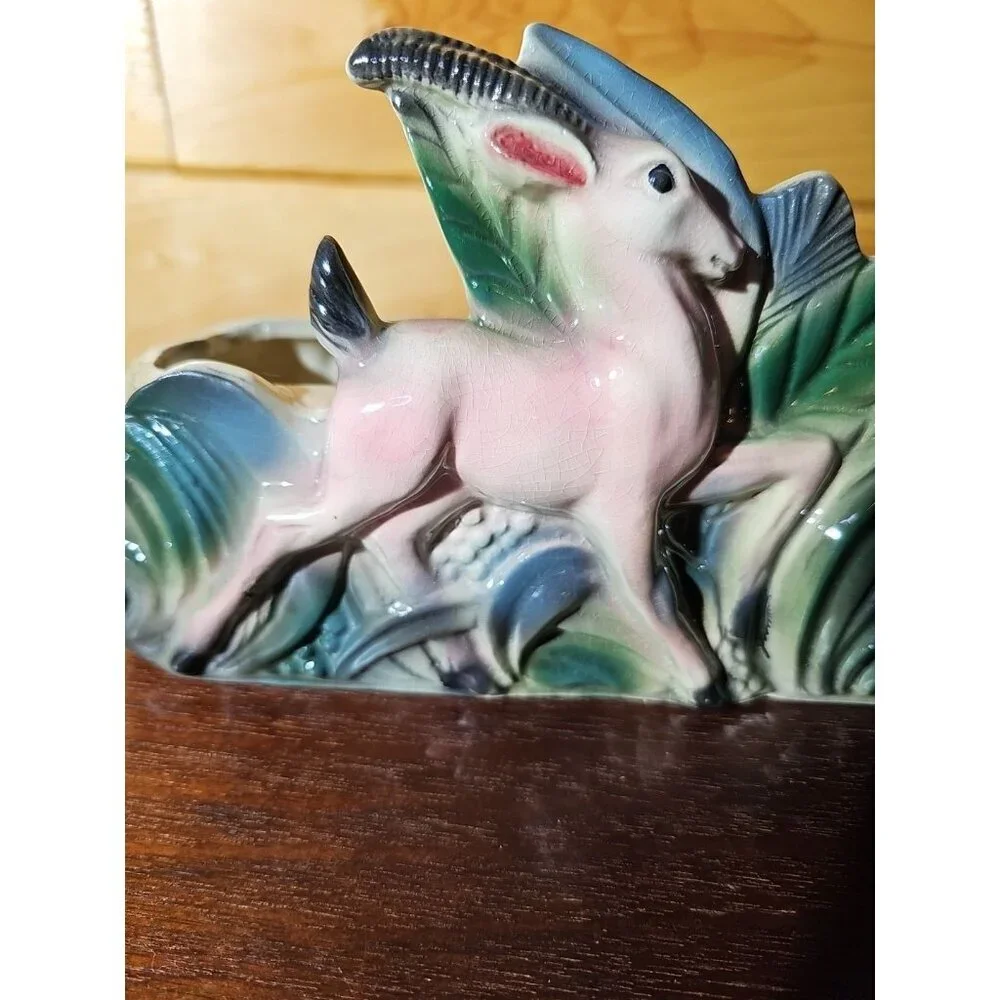 Vintage Brush McCoy Teal Green Planter Pink Antelope Deer Gazelle Pottery 1950s